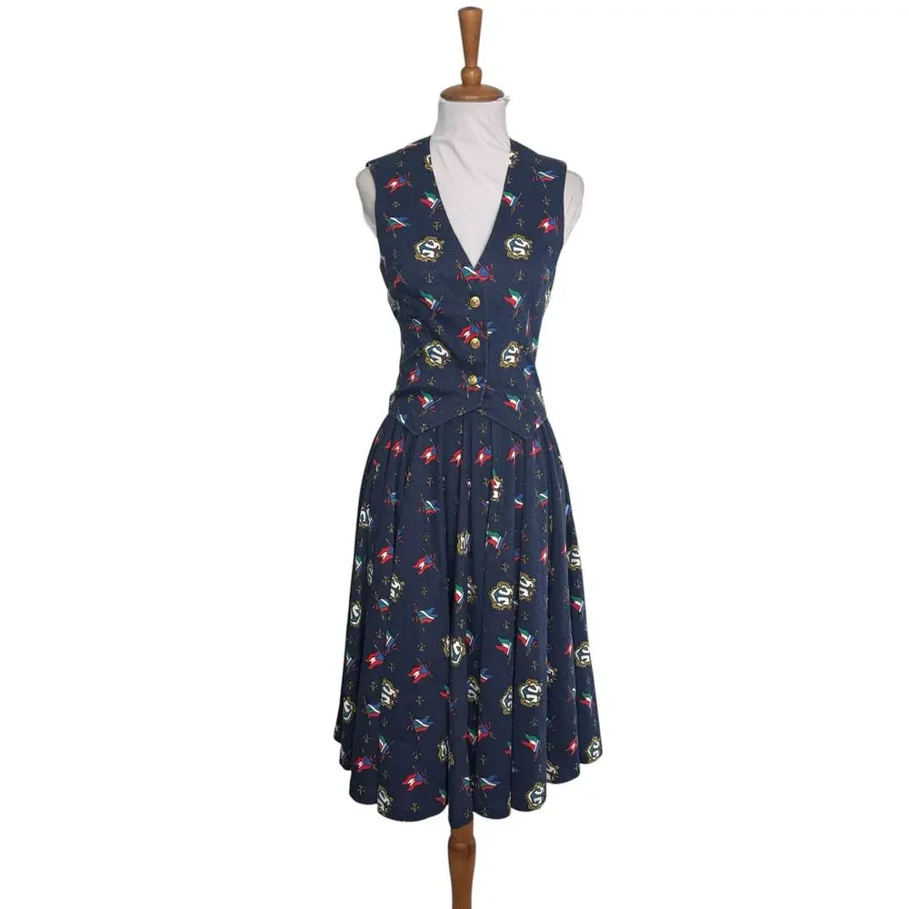 Vintage Nautical Anchor Flag Print Vest  Full Circle Skirt MAtching  Set XXS